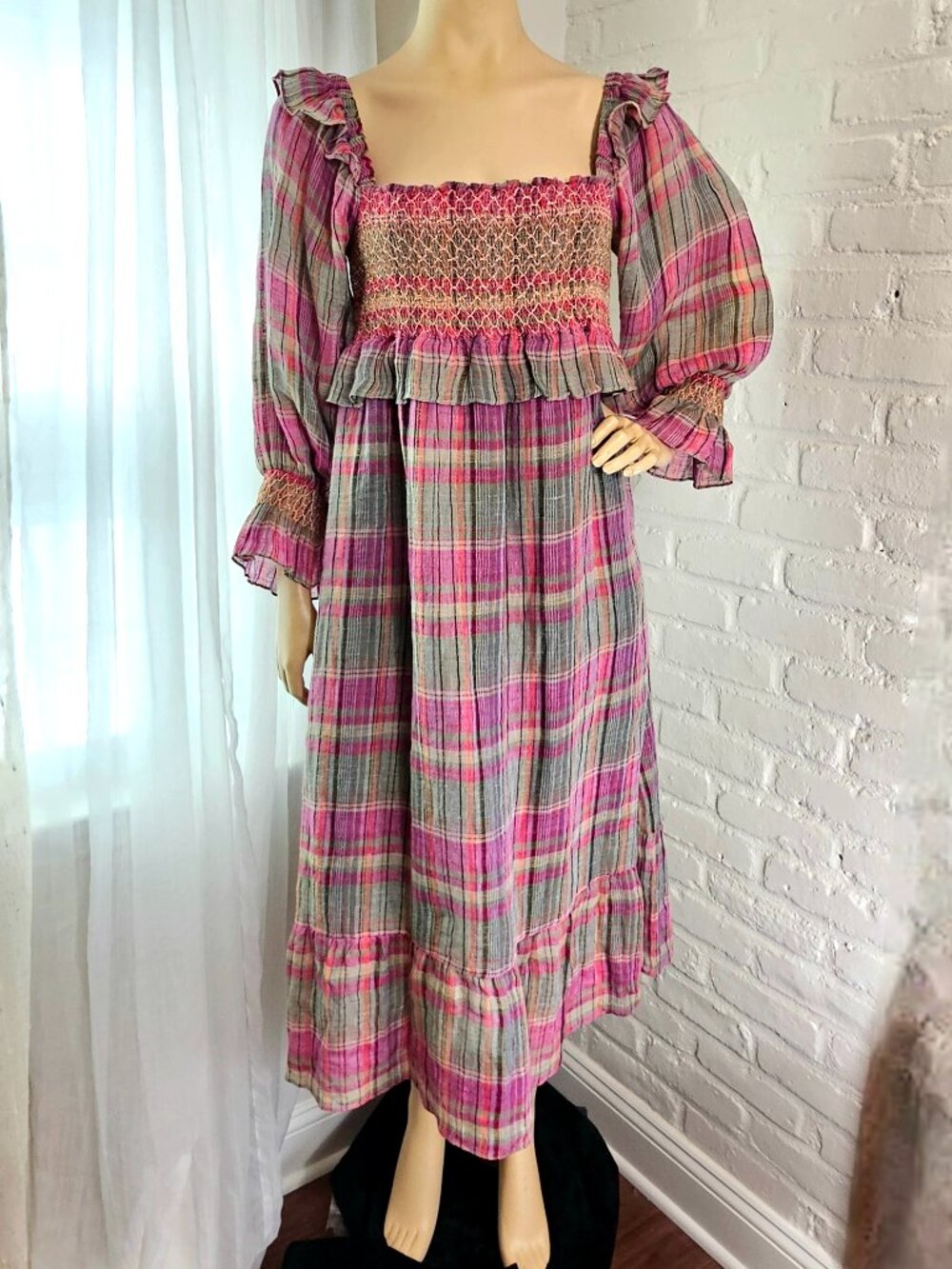 Frances Hart Pink Plaid Smocked Maxi Dress Size M Balloon Sleeve Maternity